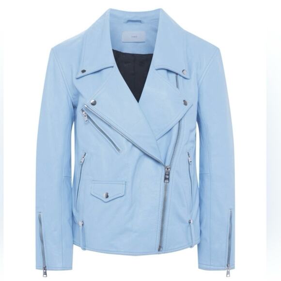 VIAVIA Genuine Leather Oversized Moto Jacket In Clear Sky Blue Size M - Picture 3 of 7
